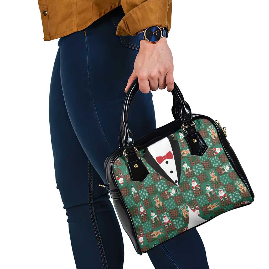 Christmas Patchwork Fake Tuxedo Shoulder Handbag Santa and Reindeer Green Plaid Style - Wonder Print Shop