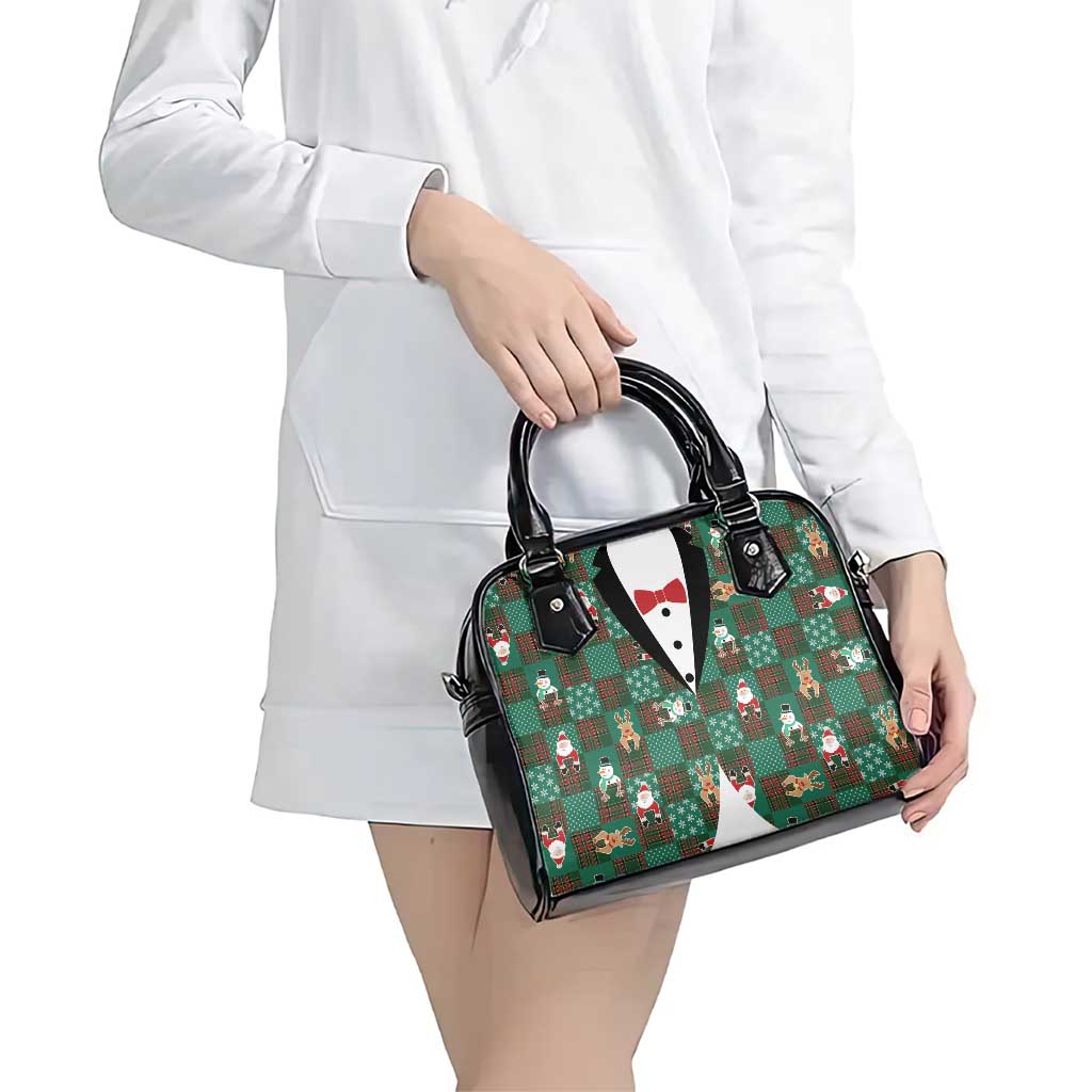 Christmas Patchwork Fake Tuxedo Shoulder Handbag Santa and Reindeer Green Plaid Style - Wonder Print Shop