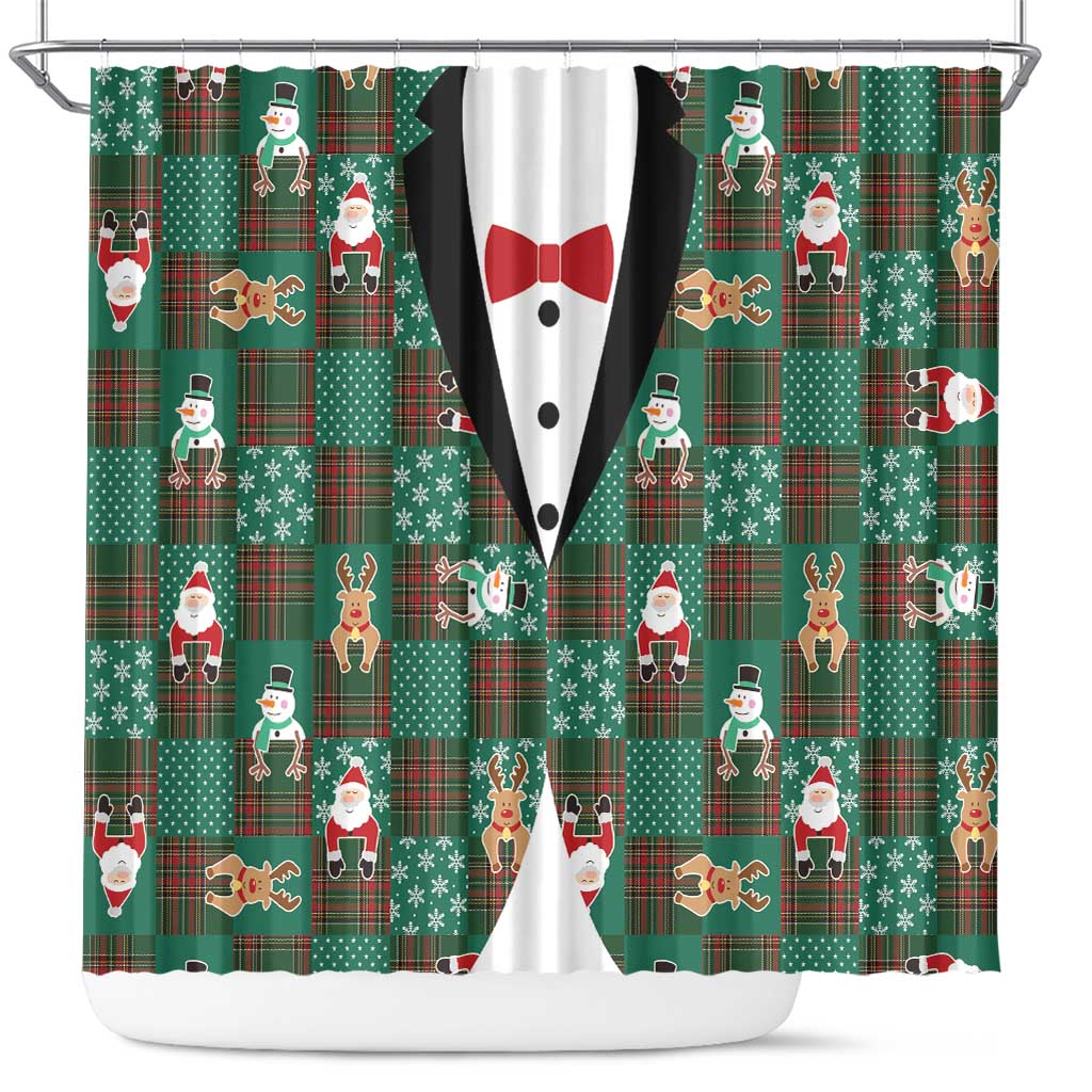 Christmas Patchwork Fake Tuxedo Shower Curtain Santa and Reindeer Green Plaid Style - Wonder Print Shop