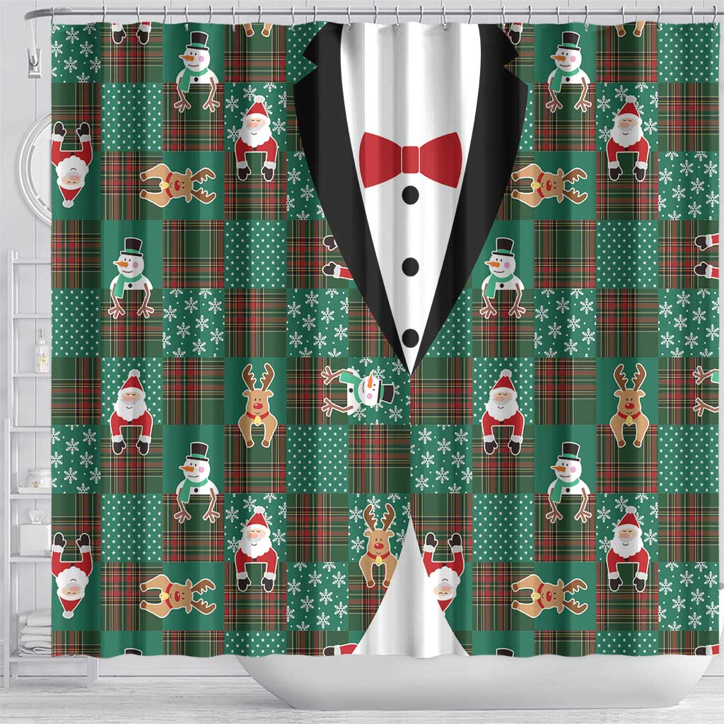 Christmas Patchwork Fake Tuxedo Shower Curtain Santa and Reindeer Green Plaid Style - Wonder Print Shop
