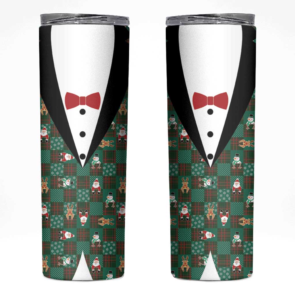 Christmas Patchwork Fake Tuxedo Skinny Tumbler Santa and Reindeer Green Plaid Style - Wonder Print Shop