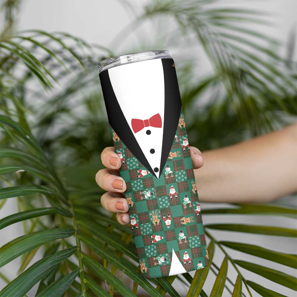 Christmas Patchwork Fake Tuxedo Skinny Tumbler Santa and Reindeer Green Plaid Style - Wonder Print Shop