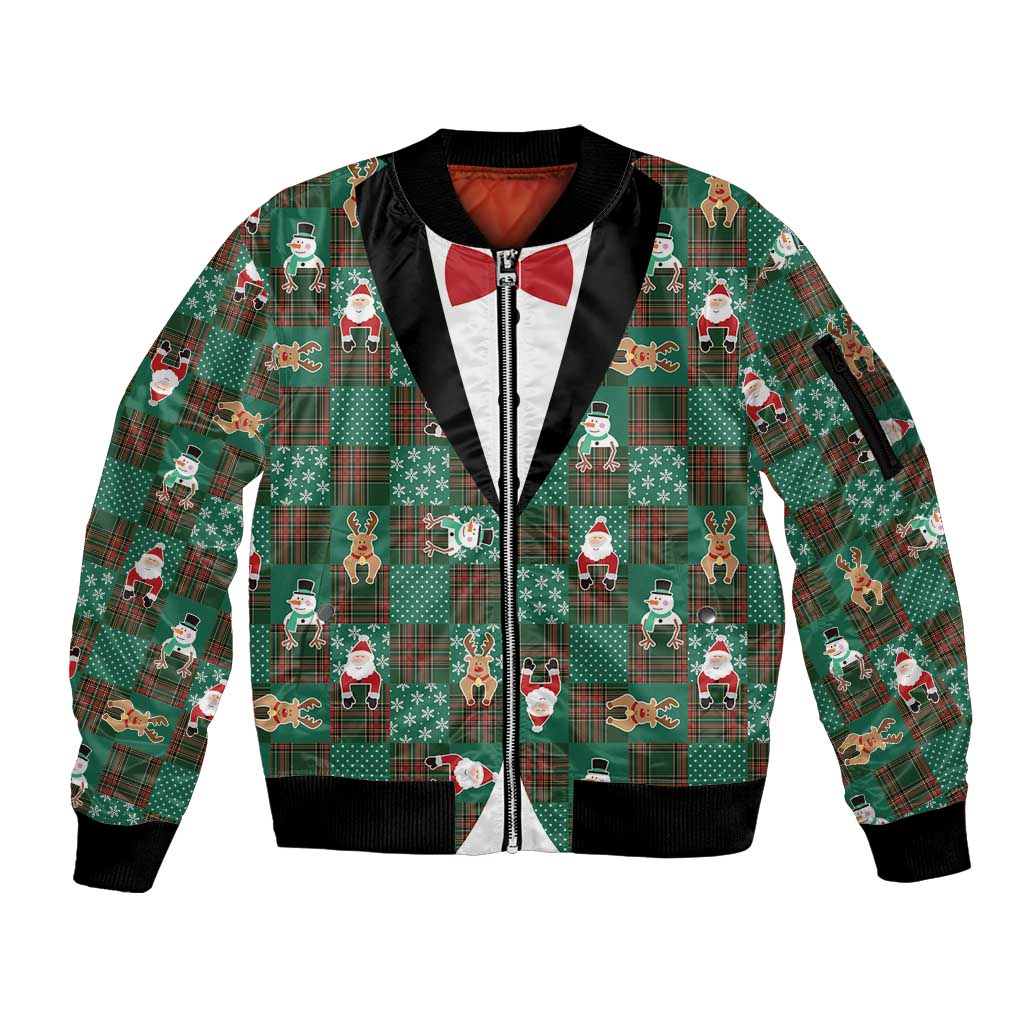 Christmas Patchwork Fake Tuxedo Sleeve Zip Bomber Jacket Santa and Reindeer Green Plaid Style - Wonder Print Shop