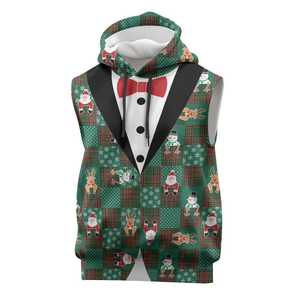 Christmas Patchwork Fake Tuxedo Sleeveless Hoodie Santa and Reindeer Green Plaid Style - Wonder Print Shop