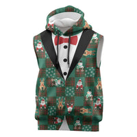 Christmas Patchwork Fake Tuxedo Sleeveless Hoodie Santa and Reindeer Green Plaid Style - Wonder Print Shop