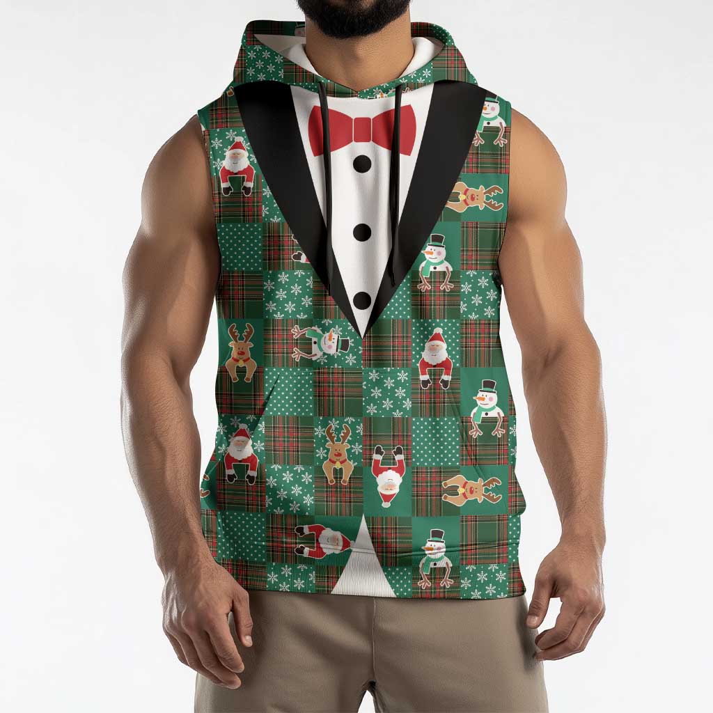 Christmas Patchwork Fake Tuxedo Sleeveless Hoodie Santa and Reindeer Green Plaid Style - Wonder Print Shop