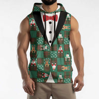 Christmas Patchwork Fake Tuxedo Sleeveless Hoodie Santa and Reindeer Green Plaid Style - Wonder Print Shop