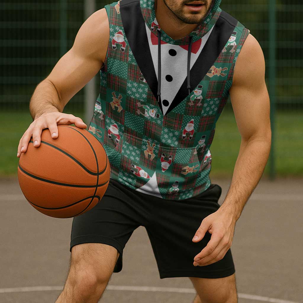 Christmas Patchwork Fake Tuxedo Sleeveless Hoodie Santa and Reindeer Green Plaid Style - Wonder Print Shop