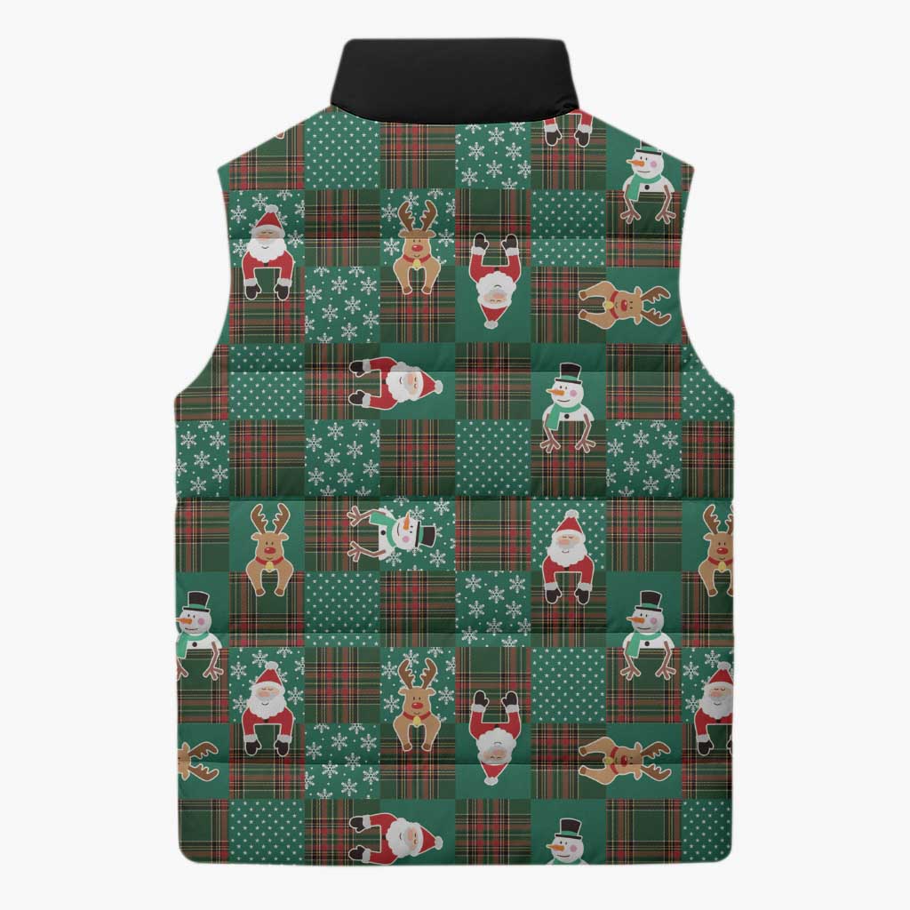 Christmas Patchwork Fake Tuxedo Sleeveless Puffer Jacket Santa and Reindeer Green Plaid Style - Wonder Print Shop