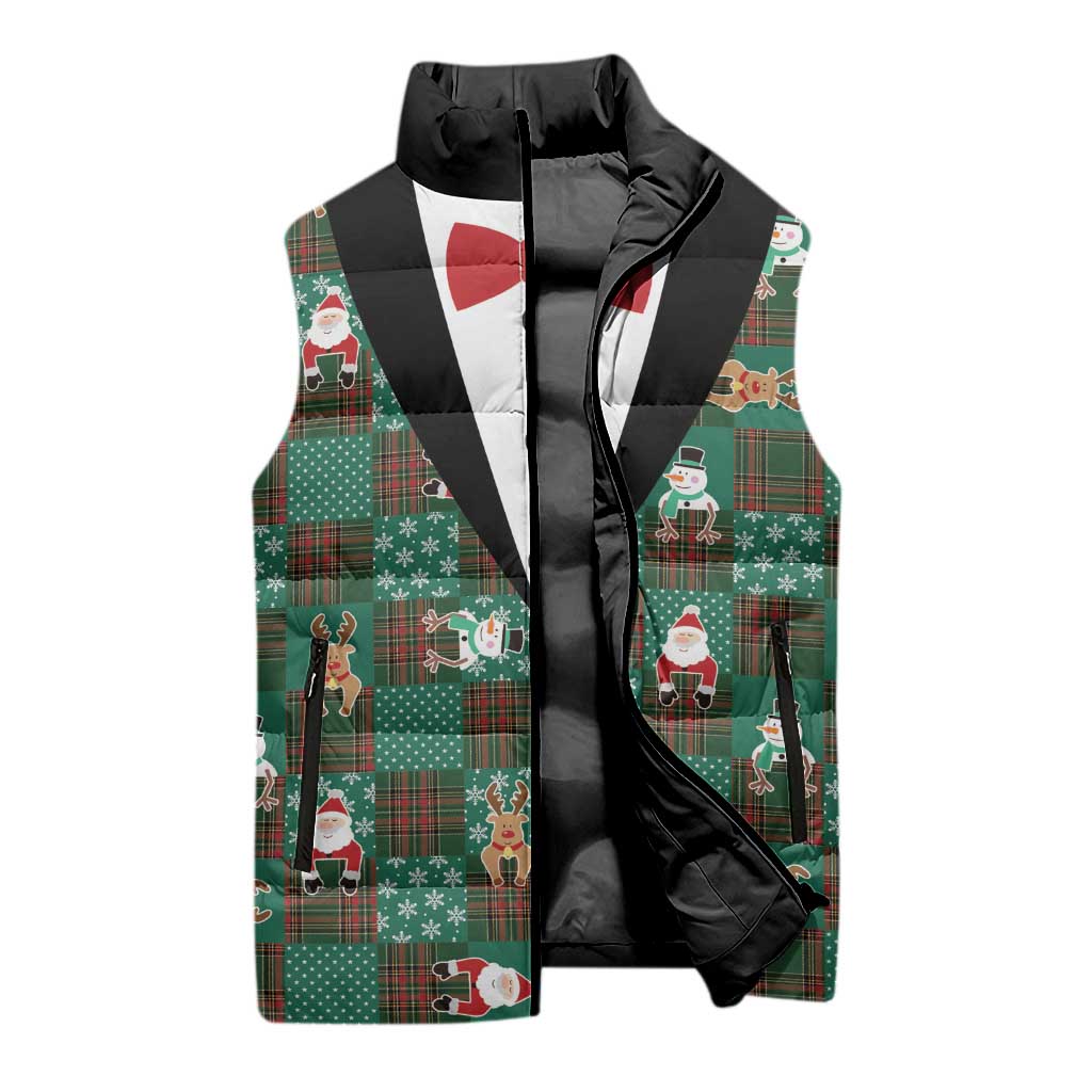Christmas Patchwork Fake Tuxedo Sleeveless Puffer Jacket Santa and Reindeer Green Plaid Style - Wonder Print Shop