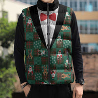 Christmas Patchwork Fake Tuxedo Sleeveless Puffer Jacket Santa and Reindeer Green Plaid Style - Wonder Print Shop