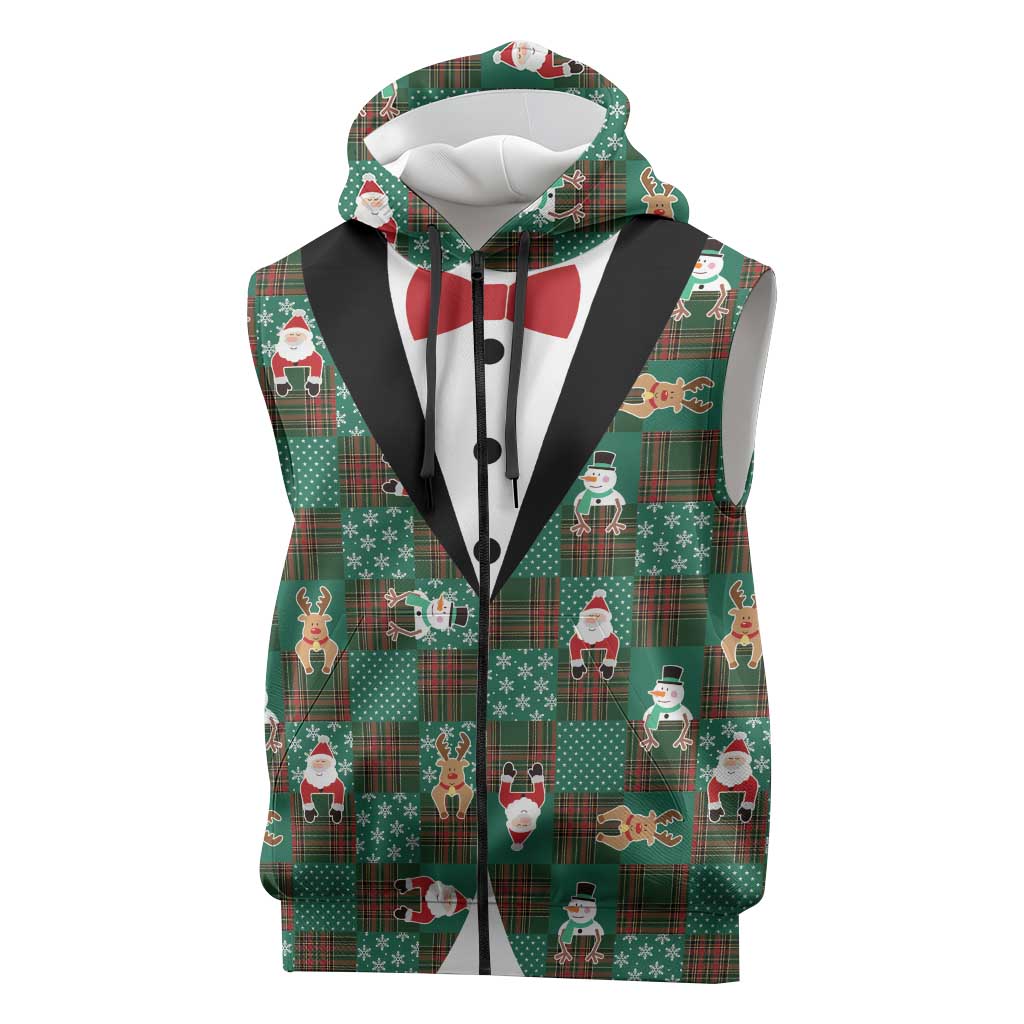 Christmas Patchwork Fake Tuxedo Sleeveless Zip Hoodie Santa and Reindeer Green Plaid Style - Wonder Print Shop