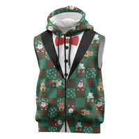 Christmas Patchwork Fake Tuxedo Sleeveless Zip Hoodie Santa and Reindeer Green Plaid Style - Wonder Print Shop