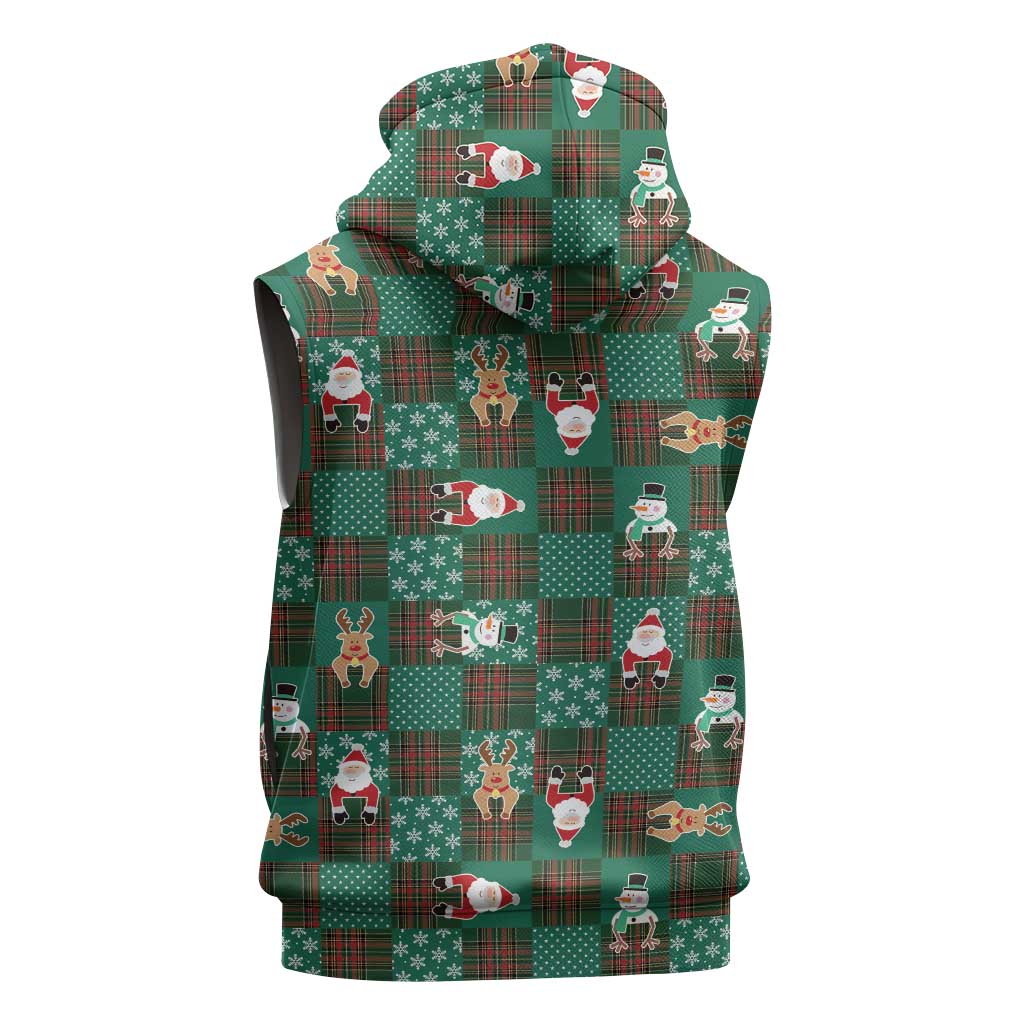 Christmas Patchwork Fake Tuxedo Sleeveless Zip Hoodie Santa and Reindeer Green Plaid Style - Wonder Print Shop