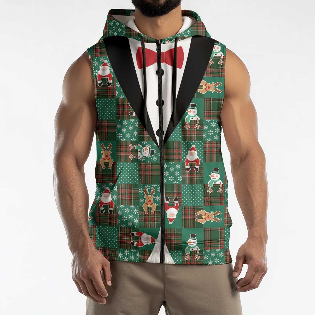 Christmas Patchwork Fake Tuxedo Sleeveless Zip Hoodie Santa and Reindeer Green Plaid Style - Wonder Print Shop