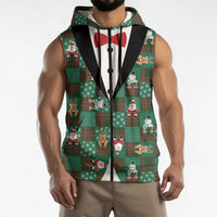 Christmas Patchwork Fake Tuxedo Sleeveless Zip Hoodie Santa and Reindeer Green Plaid Style - Wonder Print Shop