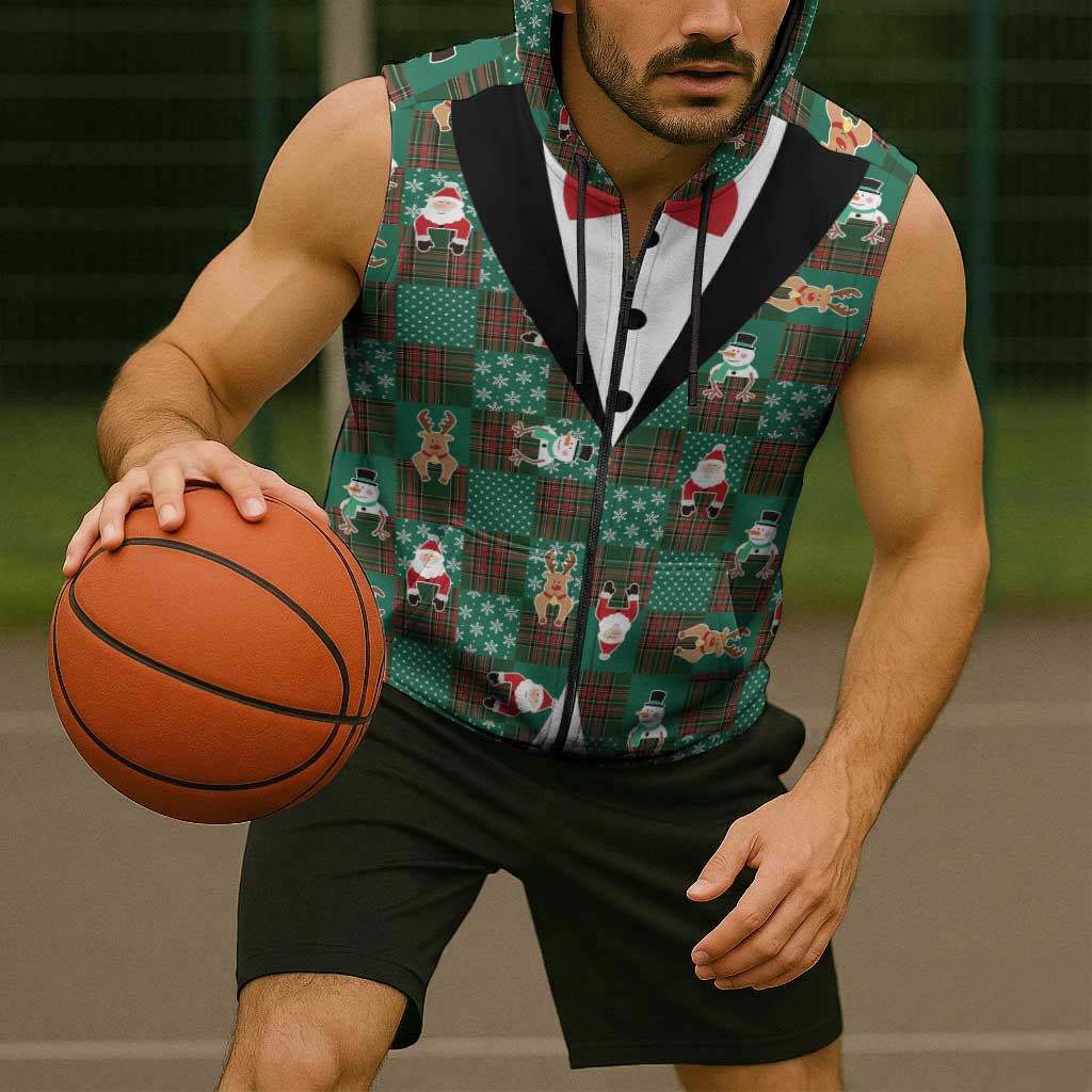Christmas Patchwork Fake Tuxedo Sleeveless Zip Hoodie Santa and Reindeer Green Plaid Style - Wonder Print Shop
