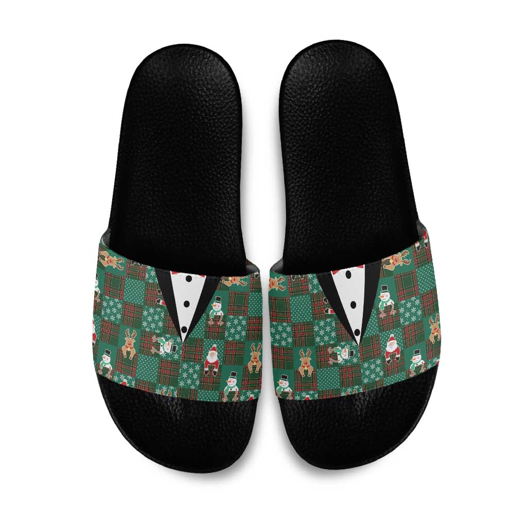 Christmas Patchwork Fake Tuxedo Slide Sandals Santa and Reindeer Green Plaid Style - Wonder Print Shop