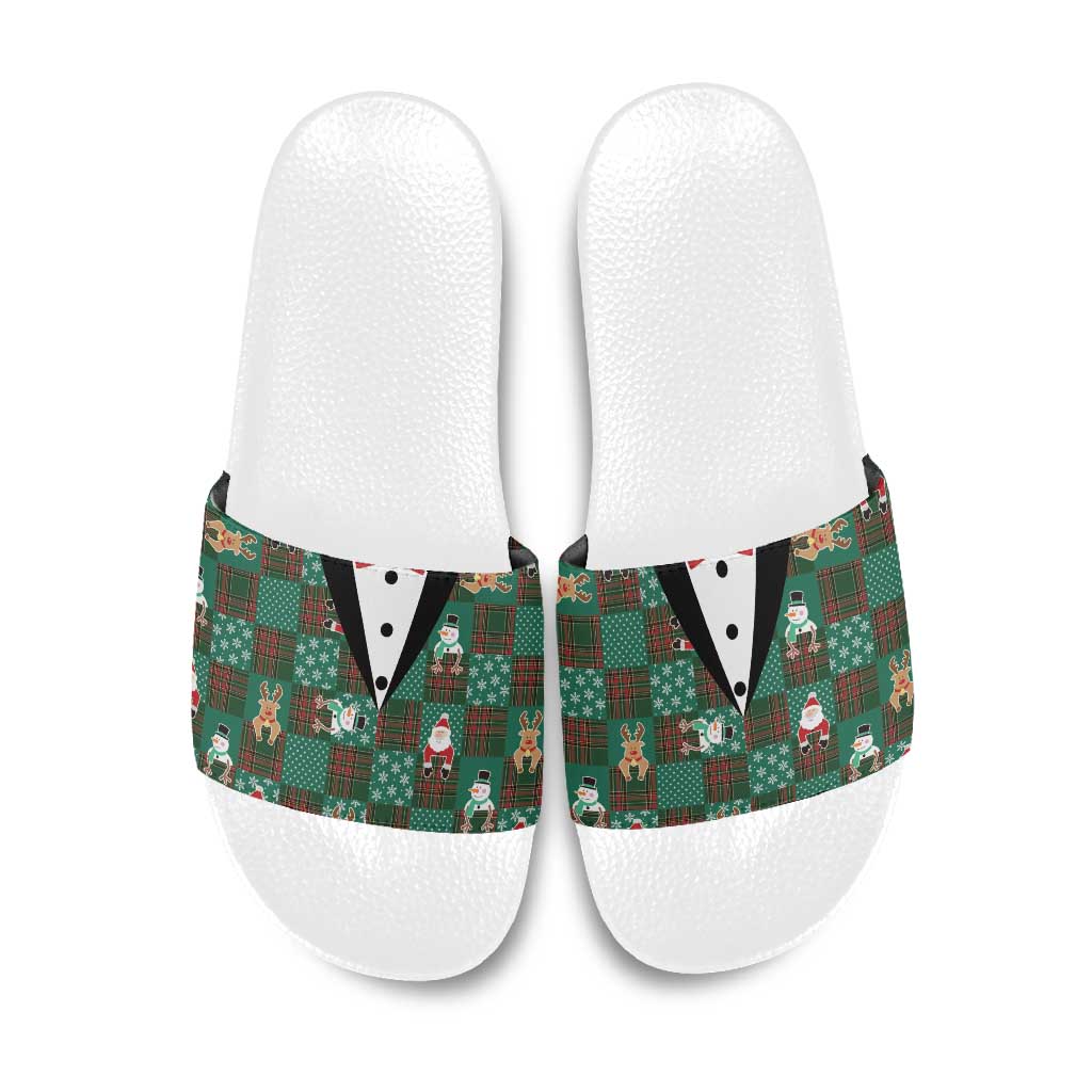 Christmas Patchwork Fake Tuxedo Slide Sandals Santa and Reindeer Green Plaid Style - Wonder Print Shop