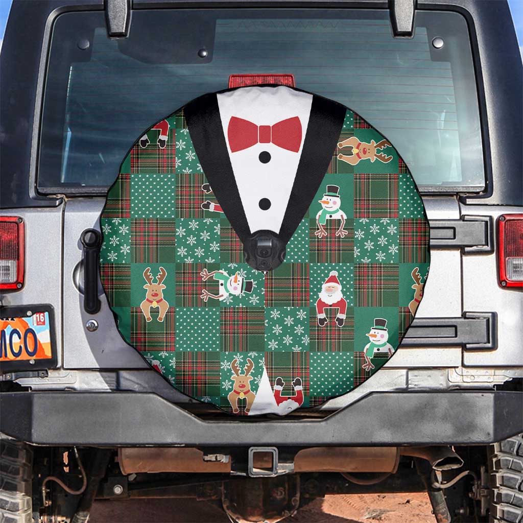 Christmas Patchwork Fake Tuxedo Spare Tire Cover Santa and Reindeer Green Plaid Style - Wonder Print Shop