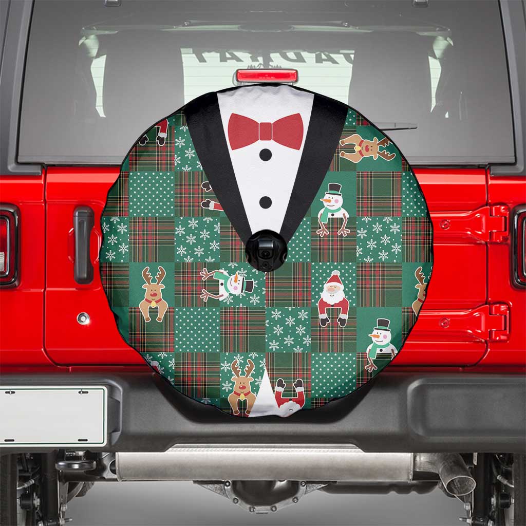 Christmas Patchwork Fake Tuxedo Spare Tire Cover Santa and Reindeer Green Plaid Style - Wonder Print Shop