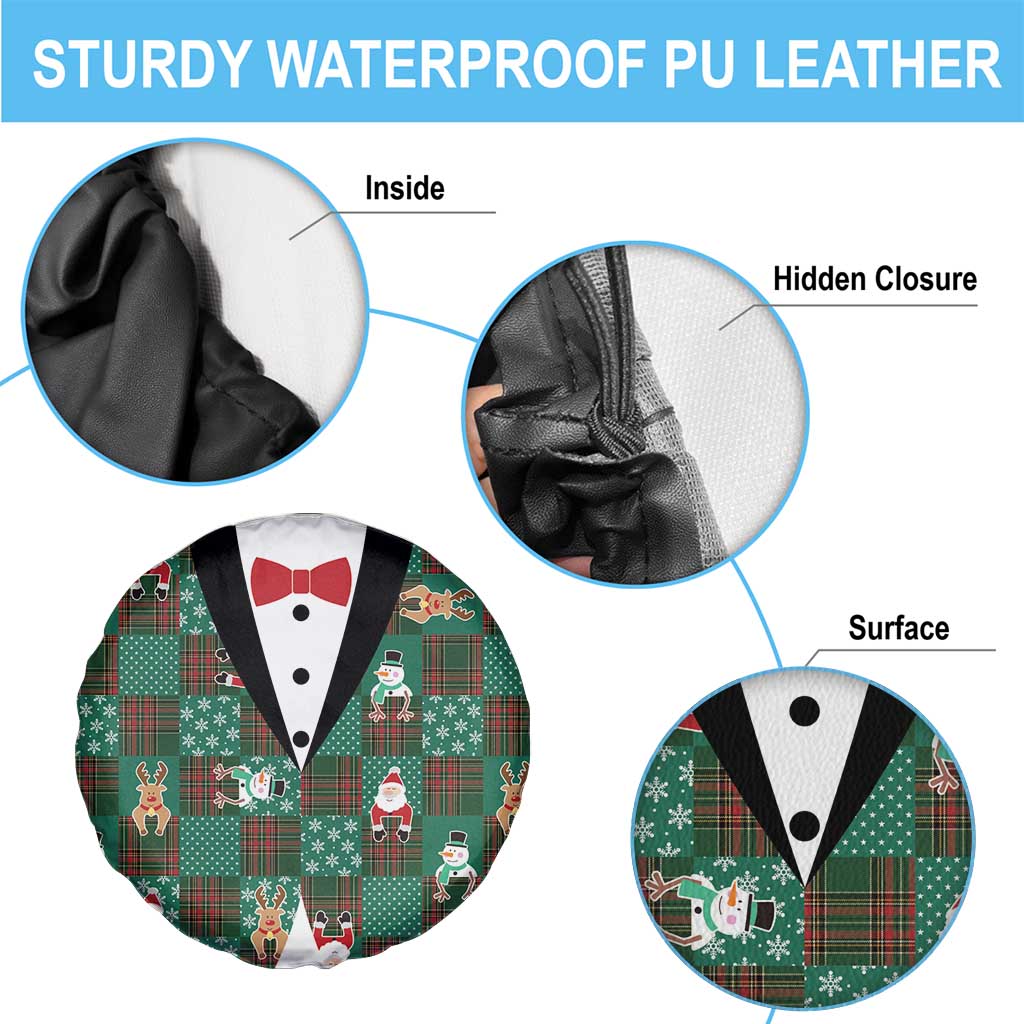 Christmas Patchwork Fake Tuxedo Spare Tire Cover Santa and Reindeer Green Plaid Style - Wonder Print Shop