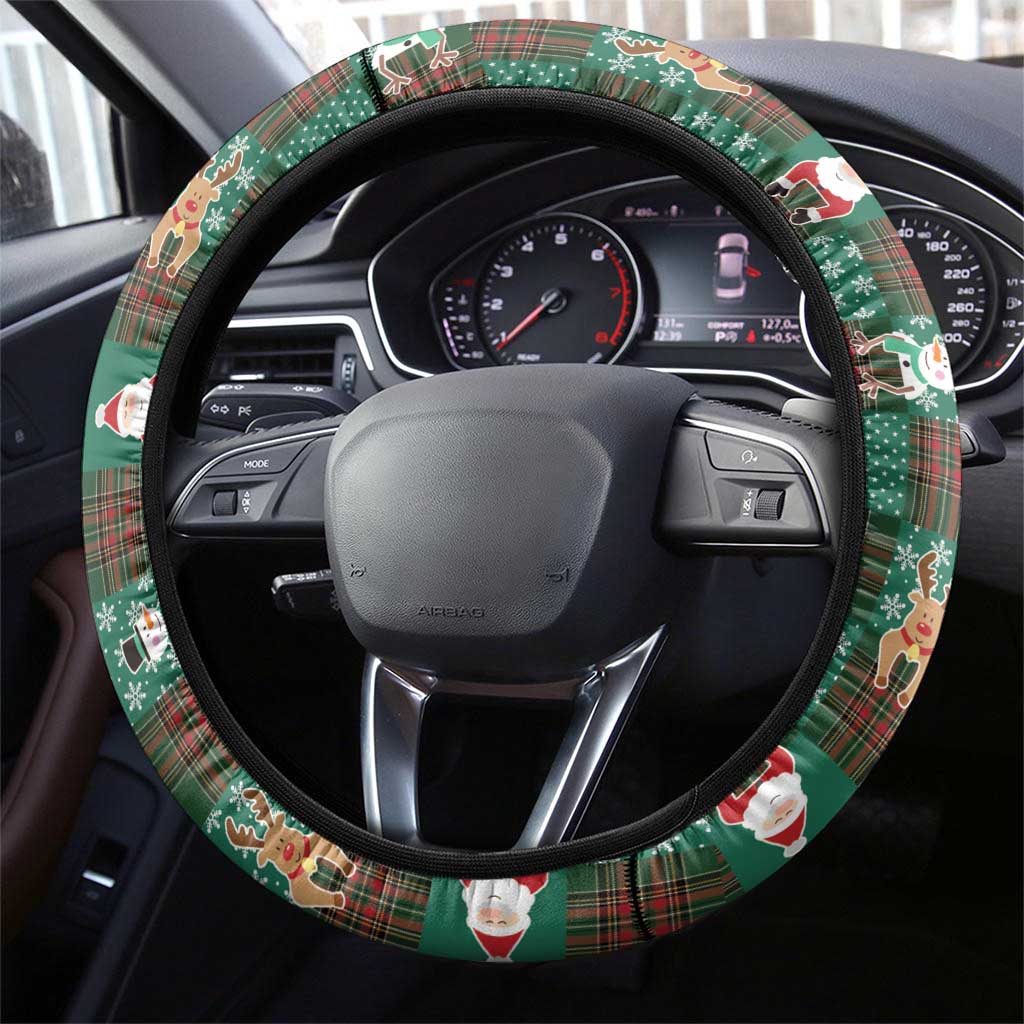 Christmas Patchwork Fake Tuxedo Steering Wheel Cover Santa and Reindeer Green Plaid Style - Wonder Print Shop