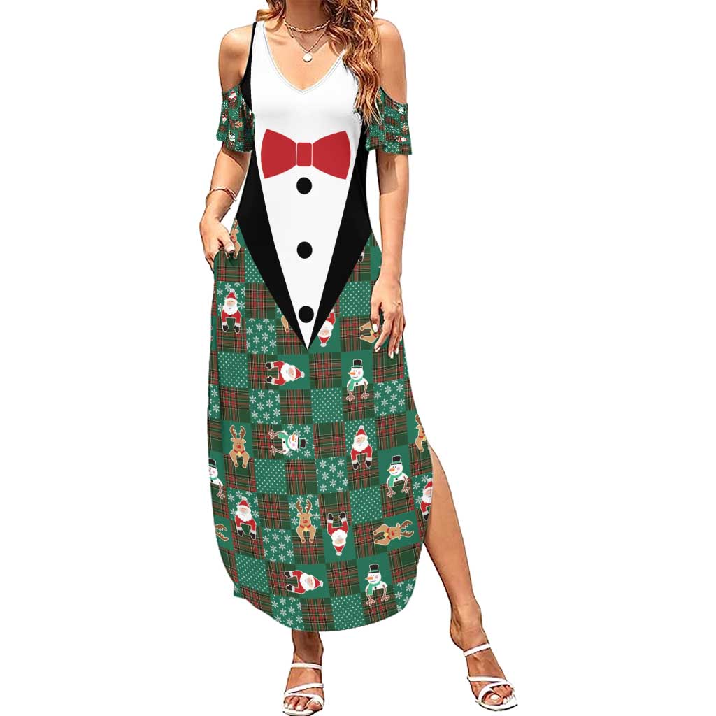 Christmas Patchwork Fake Tuxedo Summer Maxi Dress Santa and Reindeer Green Plaid Style - Wonder Print Shop