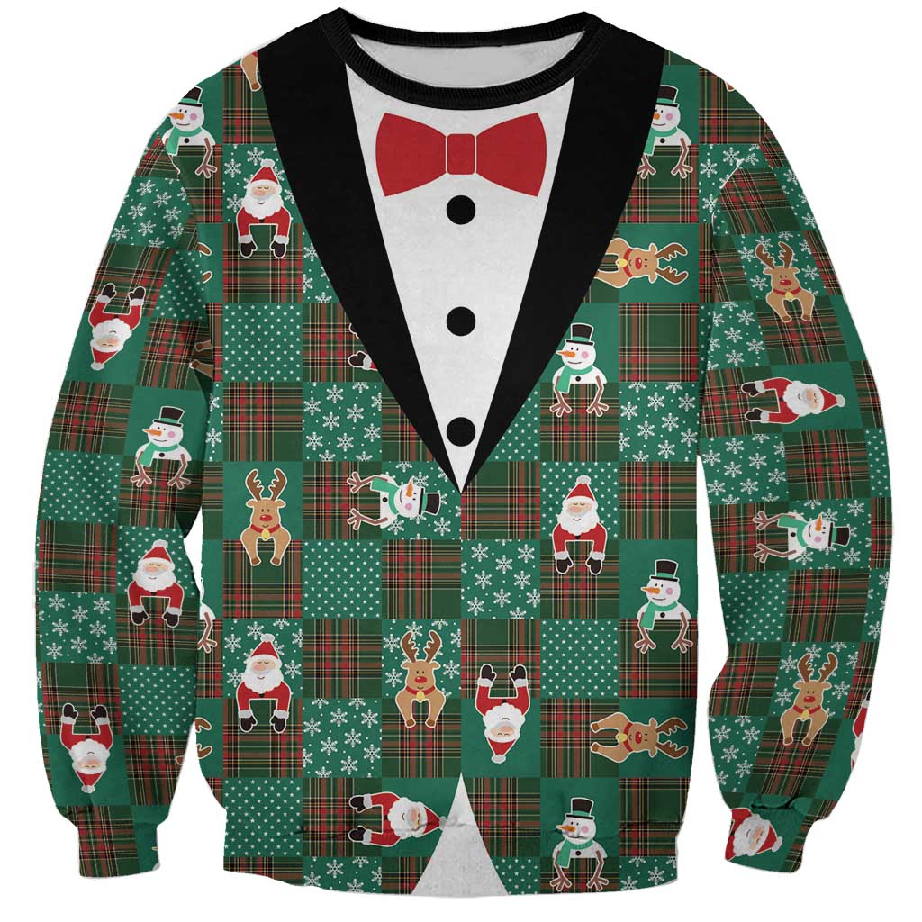 Christmas Patchwork Fake Tuxedo Sweatshirt Santa and Reindeer Green Plaid Style - Wonder Print Shop