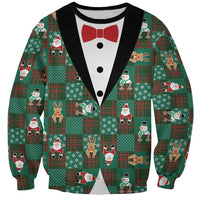 Christmas Patchwork Fake Tuxedo Sweatshirt Santa and Reindeer Green Plaid Style - Wonder Print Shop