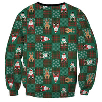 Christmas Patchwork Fake Tuxedo Sweatshirt Santa and Reindeer Green Plaid Style - Wonder Print Shop