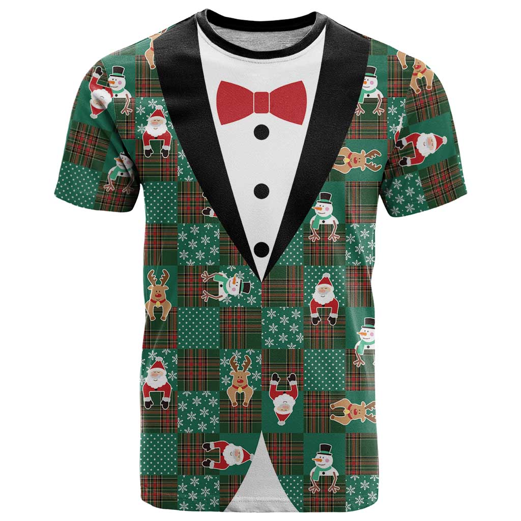 Christmas Patchwork Fake Tuxedo T Shirt Santa and Reindeer Green Plaid Style - Wonder Print Shop