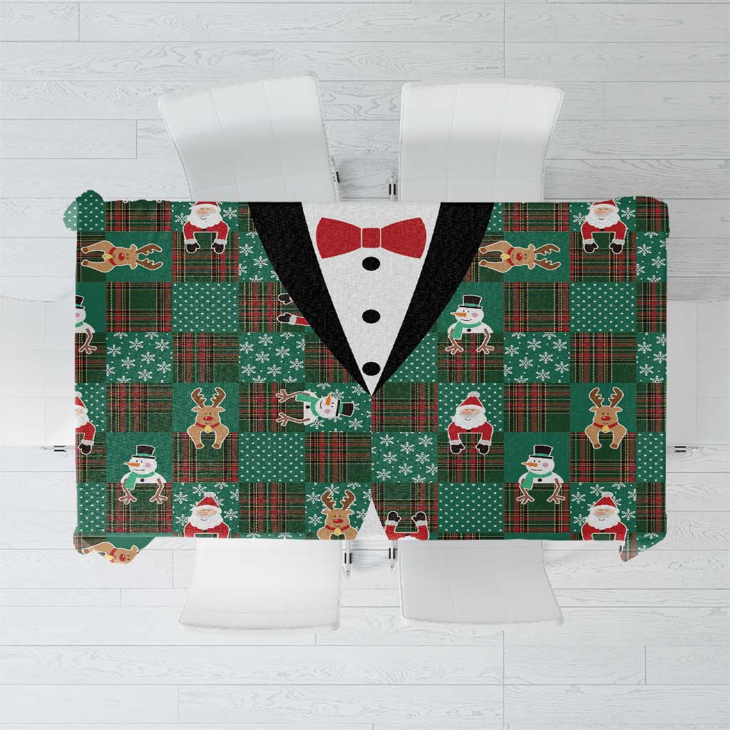 Christmas Patchwork Fake Tuxedo Tablecloth Santa and Reindeer Green Plaid Style - Wonder Print Shop