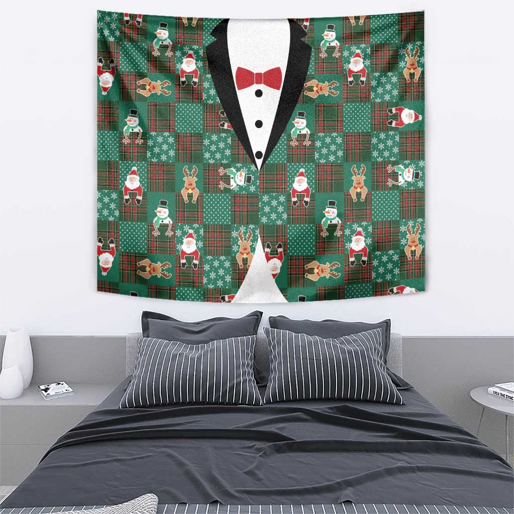 Christmas Patchwork Fake Tuxedo Tapestry Santa and Reindeer Green Plaid Style - Wonder Print Shop