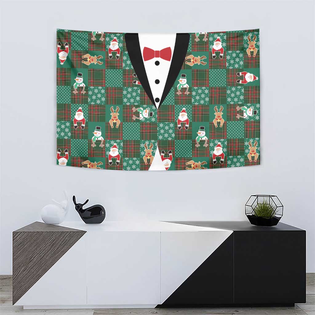 Christmas Patchwork Fake Tuxedo Tapestry Santa and Reindeer Green Plaid Style - Wonder Print Shop