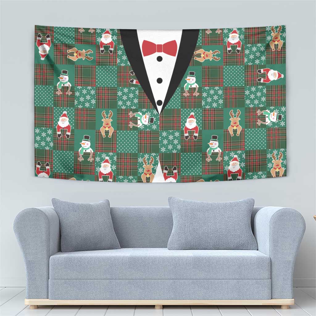 Christmas Patchwork Fake Tuxedo Tapestry Santa and Reindeer Green Plaid Style - Wonder Print Shop