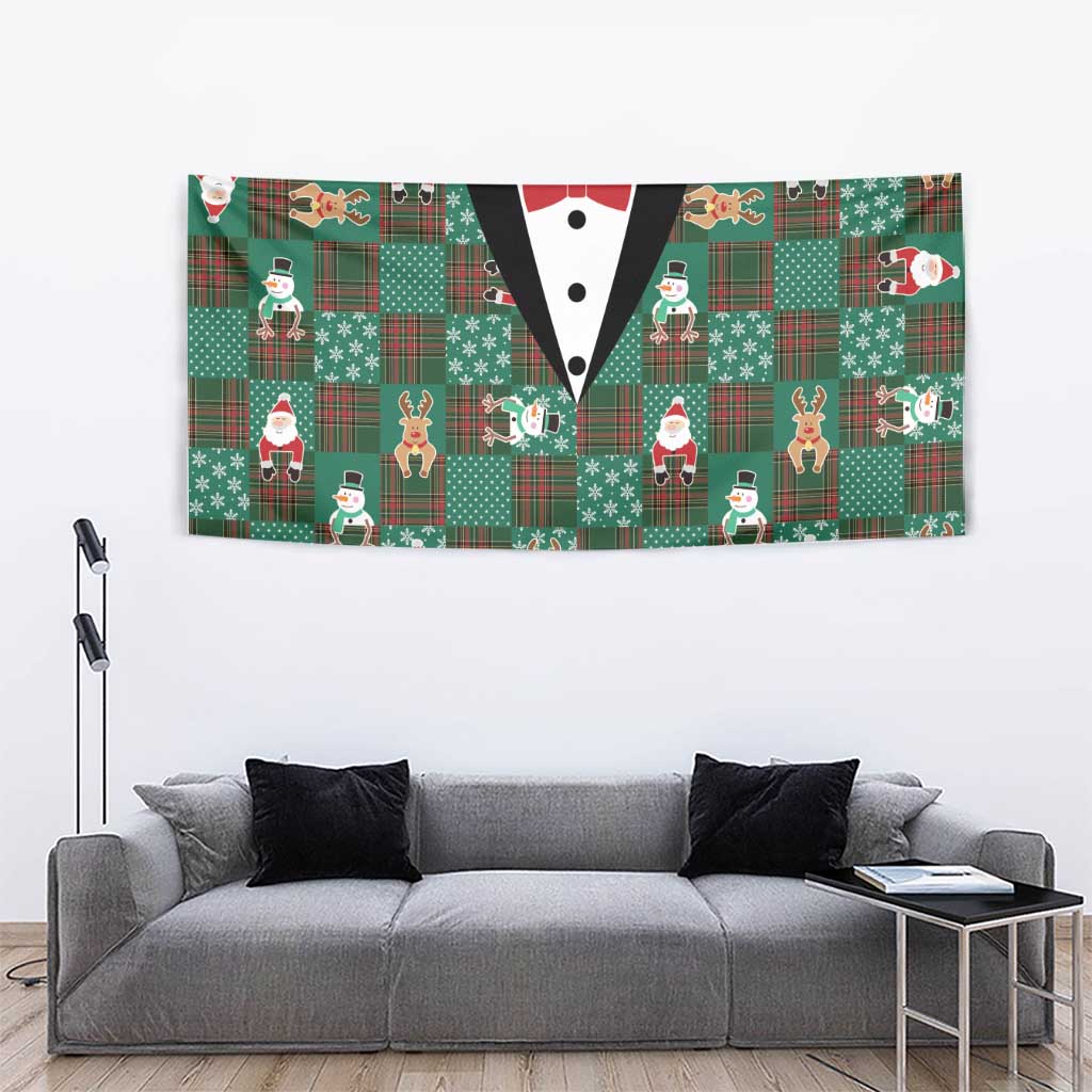 Christmas Patchwork Fake Tuxedo Tapestry Santa and Reindeer Green Plaid Style - Wonder Print Shop