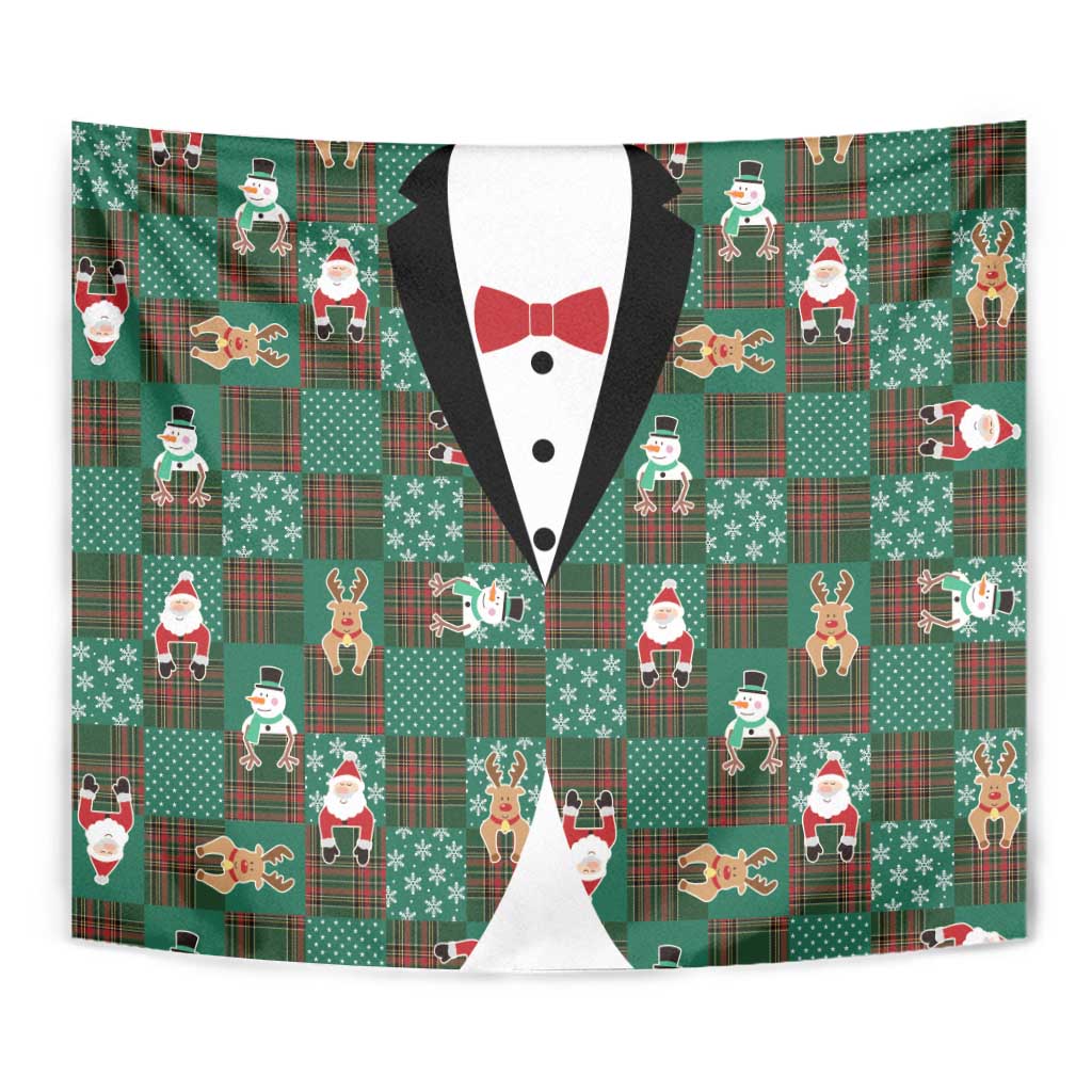 Christmas Patchwork Fake Tuxedo Tapestry Santa and Reindeer Green Plaid Style - Wonder Print Shop