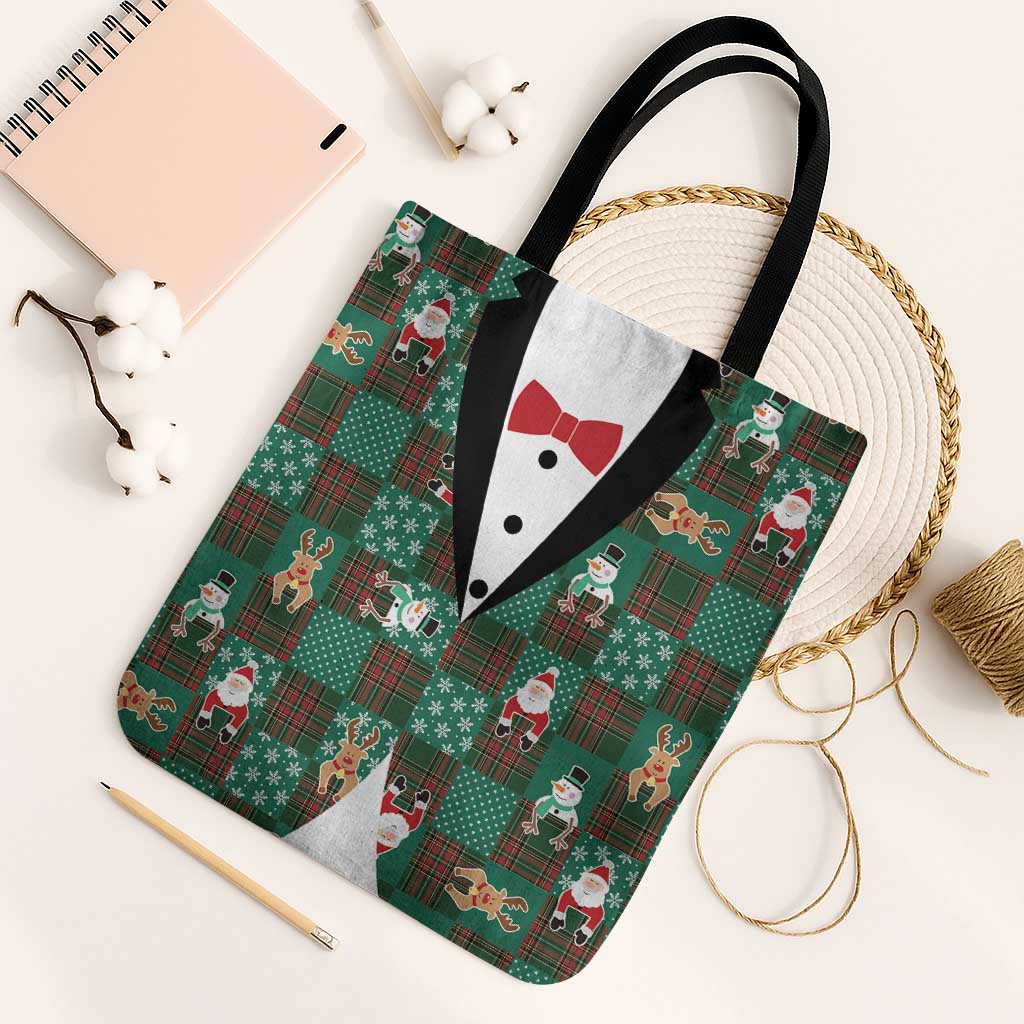 Christmas Patchwork Fake Tuxedo Tote Bag Santa and Reindeer Green Plaid Style - Wonder Print Shop