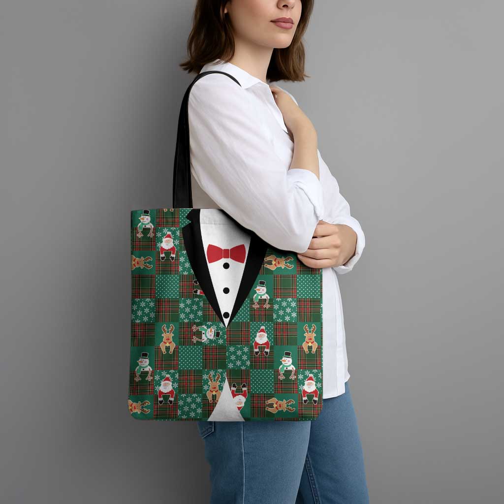 Christmas Patchwork Fake Tuxedo Tote Bag Santa and Reindeer Green Plaid Style - Wonder Print Shop