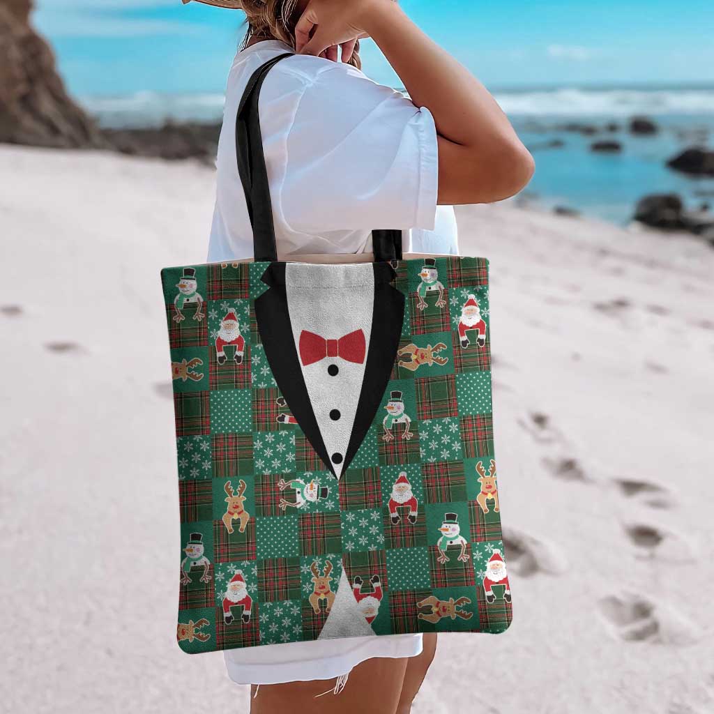 Christmas Patchwork Fake Tuxedo Tote Bag Santa and Reindeer Green Plaid Style - Wonder Print Shop