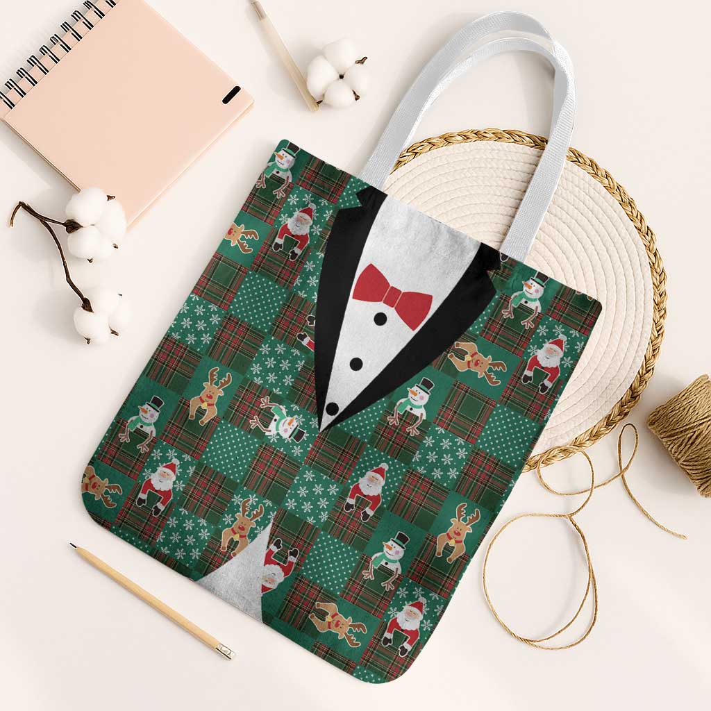 Christmas Patchwork Fake Tuxedo Tote Bag Santa and Reindeer Green Plaid Style - Wonder Print Shop