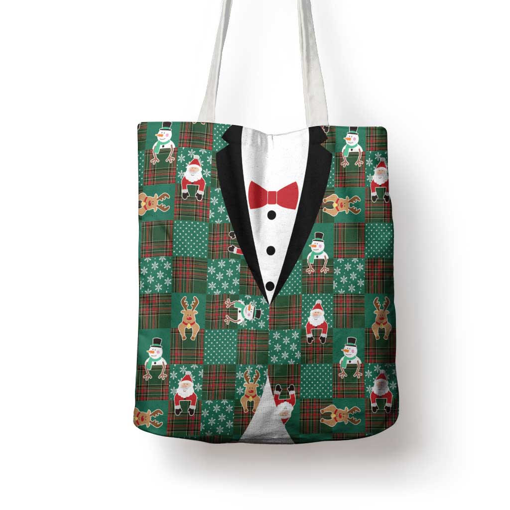 Christmas Patchwork Fake Tuxedo Tote Bag Santa and Reindeer Green Plaid Style - Wonder Print Shop
