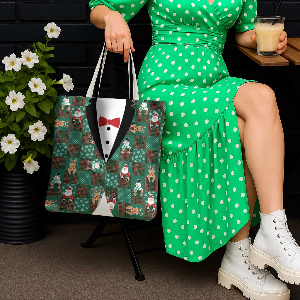 Christmas Patchwork Fake Tuxedo Tote Bag Santa and Reindeer Green Plaid Style - Wonder Print Shop