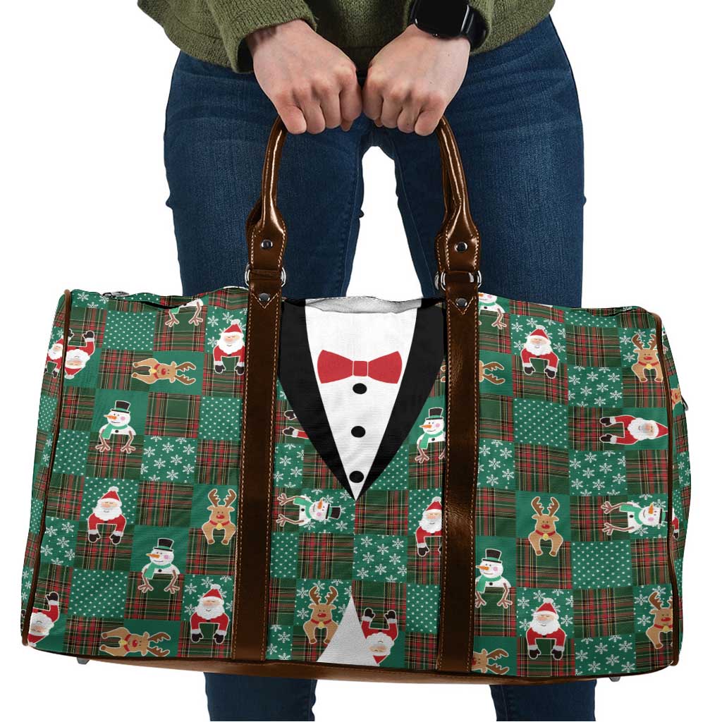 Christmas Patchwork Fake Tuxedo Travel Bag Santa and Reindeer Green Plaid Style - Wonder Print Shop