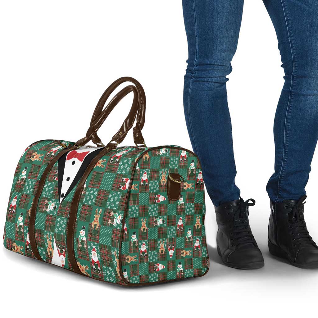 Christmas Patchwork Fake Tuxedo Travel Bag Santa and Reindeer Green Plaid Style - Wonder Print Shop