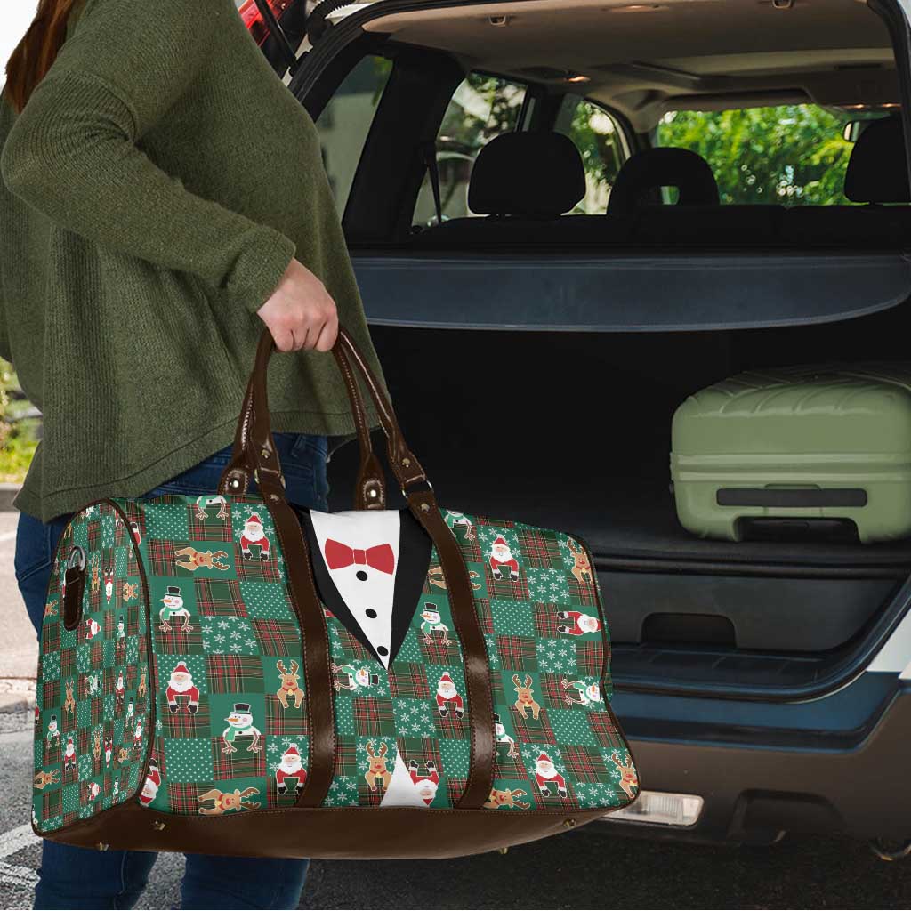 Christmas Patchwork Fake Tuxedo Travel Bag Santa and Reindeer Green Plaid Style - Wonder Print Shop
