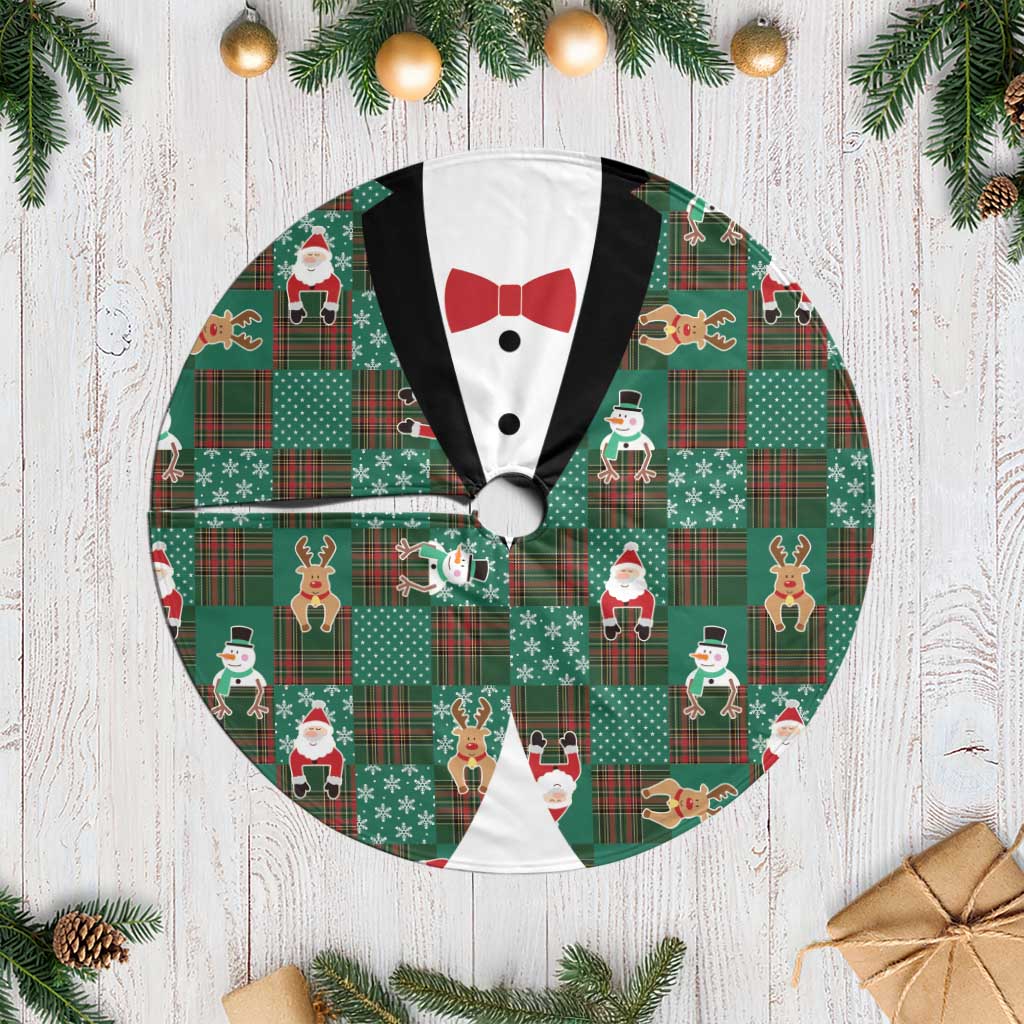 Christmas Patchwork Fake Tuxedo Tree Skirt Santa and Reindeer Green Plaid Style - Wonder Print Shop