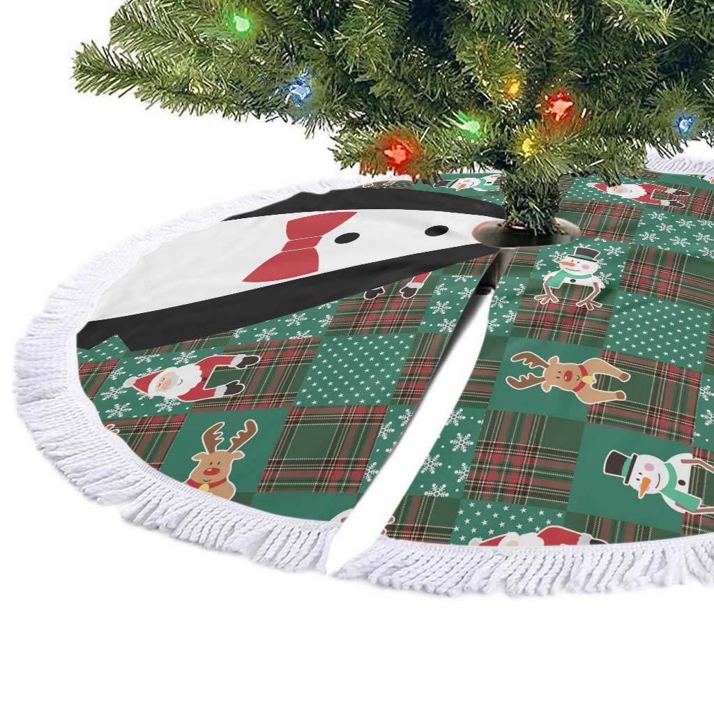 Christmas Patchwork Fake Tuxedo Tree Skirt Santa and Reindeer Green Plaid Style - Wonder Print Shop