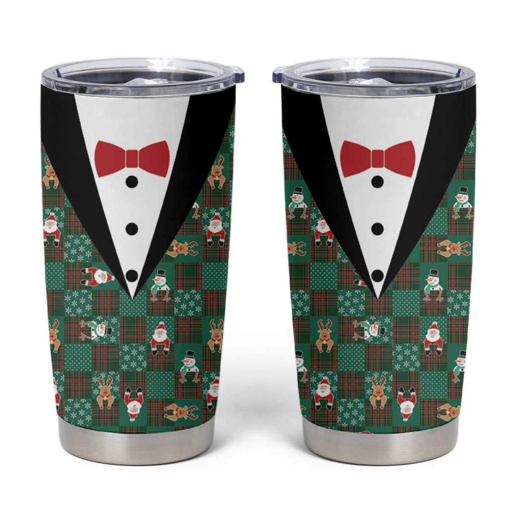 Christmas Patchwork Fake Tuxedo Tumbler Cup Santa and Reindeer Green Plaid Style - Wonder Print Shop
